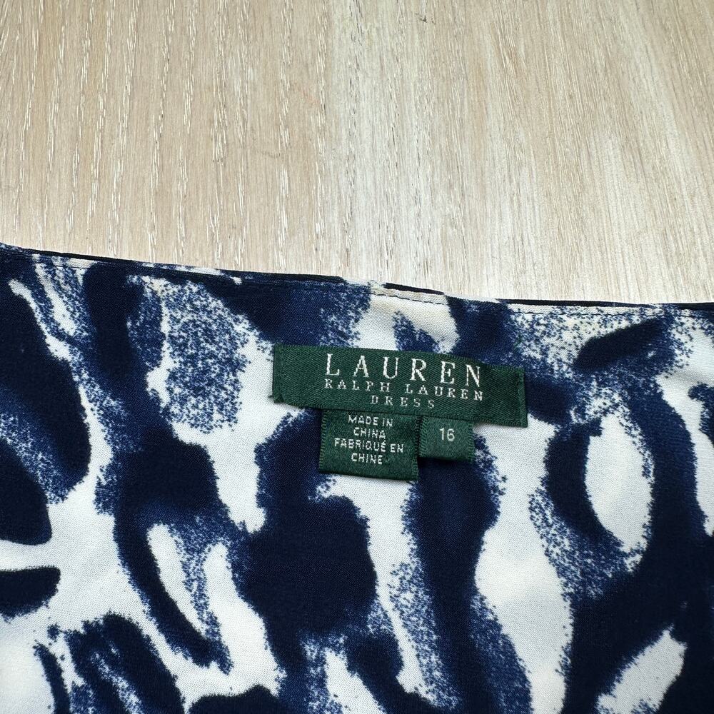 Lauren Ralph Lauren Navy White Abstract Print Ruched 3/4 Sleeve Sheath Dress 16 - Picture 8 of 14